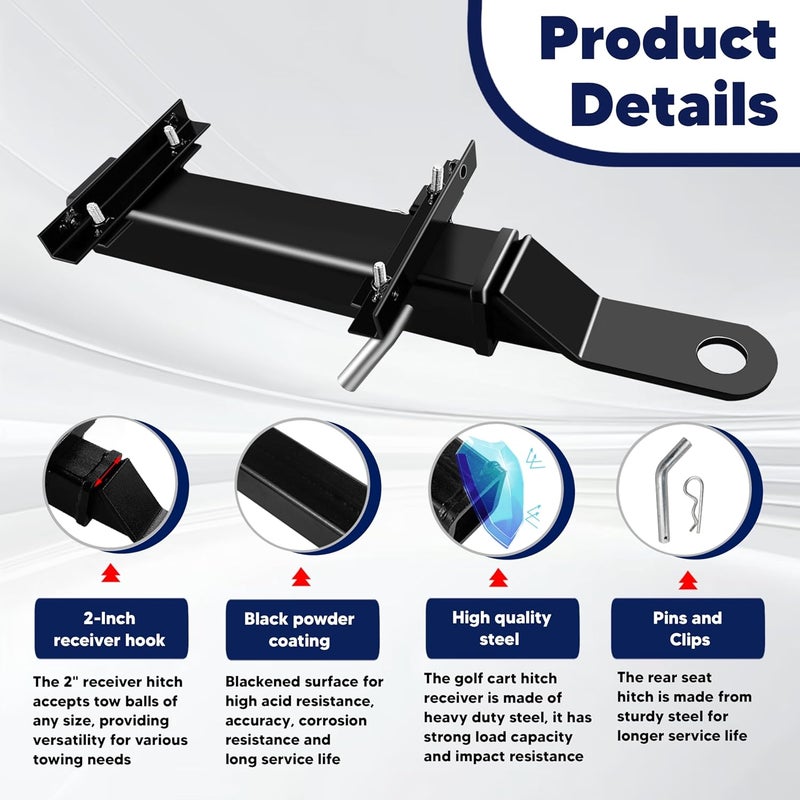 VONLX Golf Cart Trailer Hitch with 2" Receiver Golf Cart Rear Seat Rear Hitch for Step on Back Compatible with Footrest-Club Car, EZGO, Yamaha - Image 4